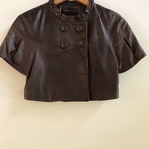 BCBG MaxAzria cropped brown double breasted leather jacket
